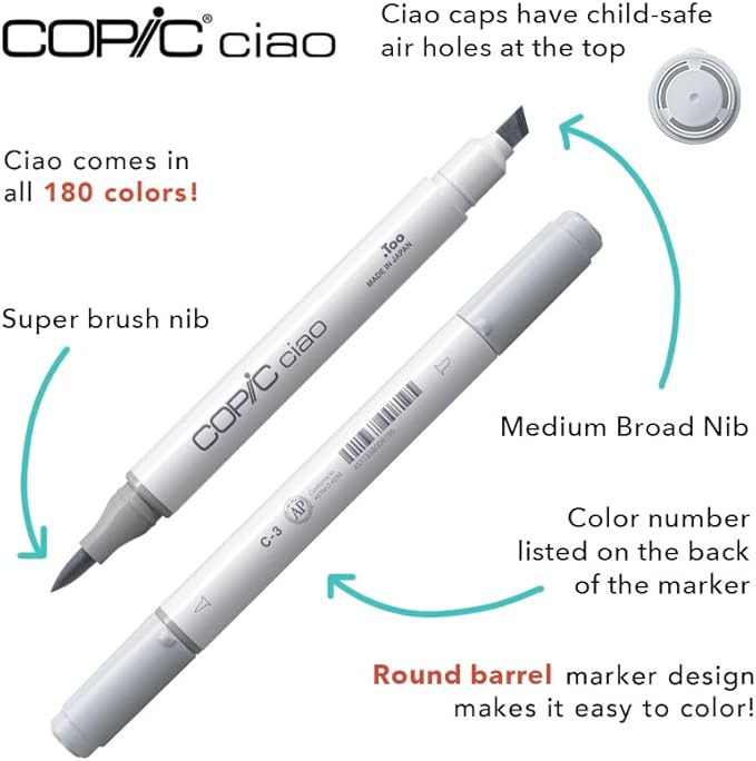 Copic Ciao Alcohol Markers, Doodle Kit Rainbow, 5 markers + 2 pens