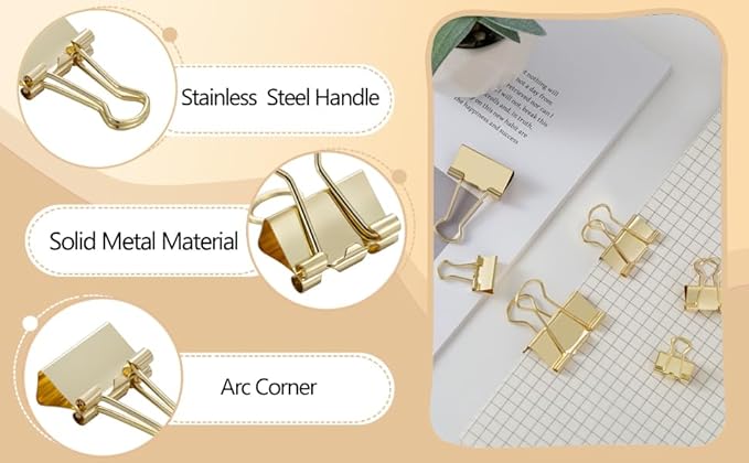 Binder Clip Paper Clamps, Assorted Sizes (Mini, Small, Medium, Large), 100 Pcs Clips for Office School Supplies (Gold)