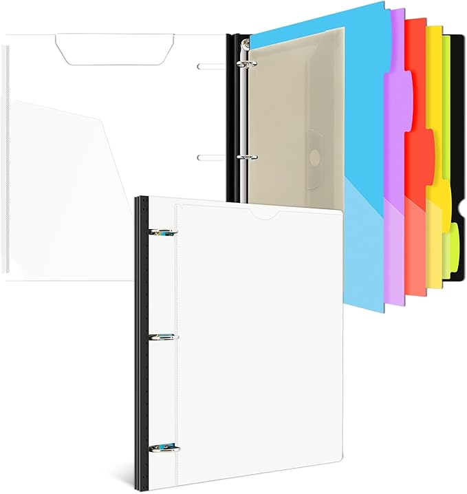 INFUN 1 Inch 3-Ring Telescoping Project Organizer Binder, 13 Pocket, Customizable Front Cover, 5 Color Dividers, Plastic Pocket, 225 Sheet Capacity-White