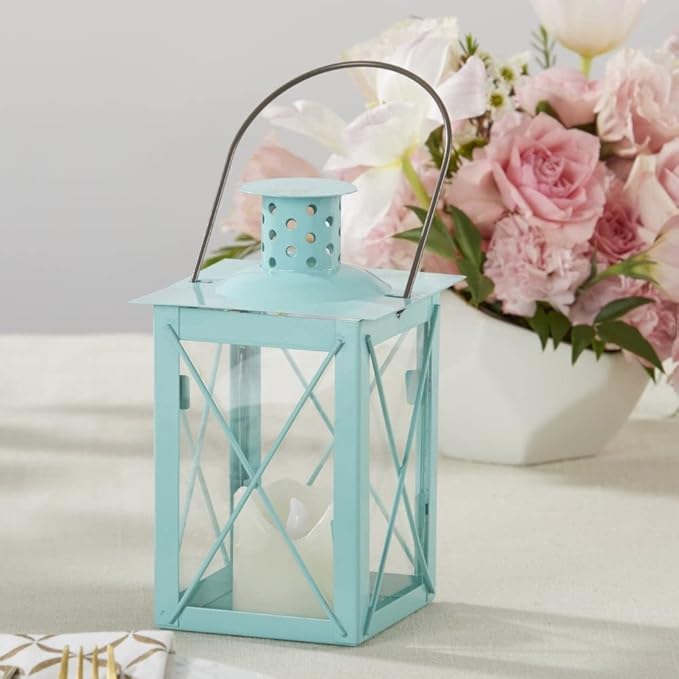 Kate Aspen Medium Decorative Lanterns - Set of 6 - Luminous Blue Metal Lantern Tealight Candle Holders Centerpieces for Wedding, Home Decor and Party - 6.3" H (8.9" H with Handle)
