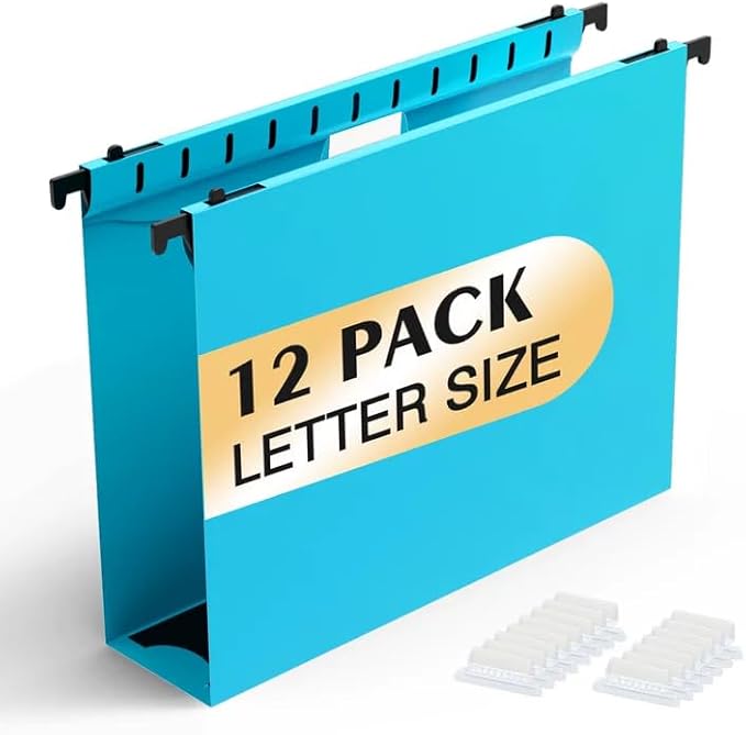 Extra Capacity Plastic Hanging File Folders,12 Pack Reinforced Hang Folders,Heavy Duty 2 Inch Expansion,Plastic Filing Cabinet Folders,Letter Size,Designed for Bulk Files, Medical Charts,Blue