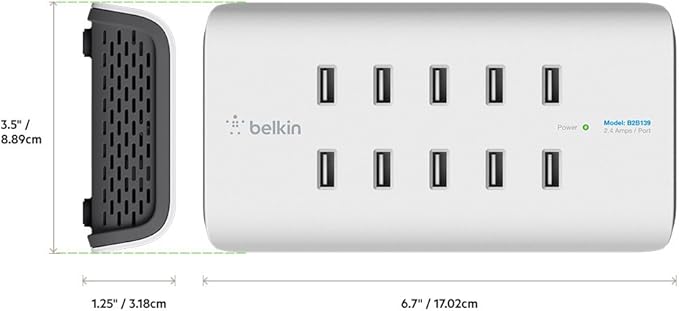 Belkin Rockstar 10 Port Usb Charging Station Power Strip - Experience Fast Charging With Power Supply Of 2.4amp/Port - Space Saver Usb Multiport Charger Designed For Desktop & Bedroom Organization