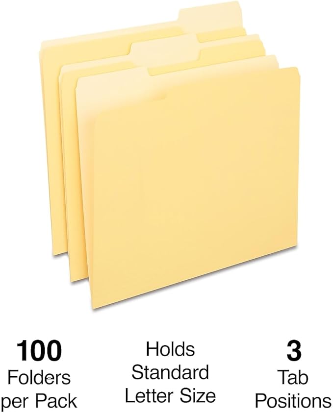 Staples File Folders, Letter Size, 1/3‑Cut Tabs, Assorted Positions, Yellow, Durable Paper Stock, 100/Pack