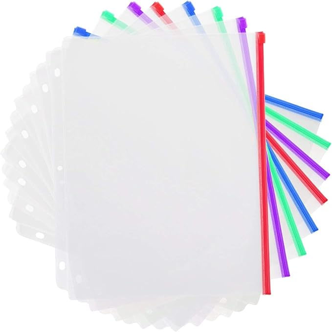 YoeeJob 3 Holes Clear Zipper Binder Pocket Insert Pages Letter Size, 8 1/2 x 11 Loose Leaf Binder Filing Storage Bags 15 Per Pack，Multi-Color