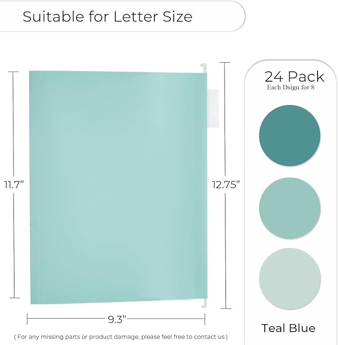 Y YOMA Letter Size - 24 Pack Extra Capacity Hanging File Folders Accordion Decorative Reinforced File Folder Cute Colored Expandable Folder for Office Home with 1/5-Cut Adjustable Tabs, Teal Blue