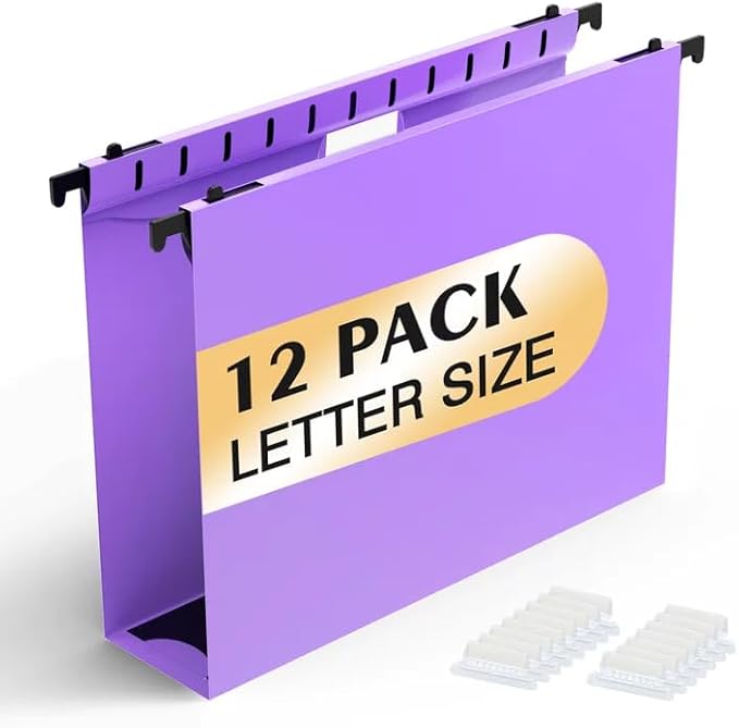 Extra Capacity Plastic Hanging File Folders,12 Pack Reinforced Hang Folders,Heavy Duty 2 Inch Expansion,Plastic Filing Cabinet Folders,Letter Size,Designed for Bulk Files, Medical Charts,Purple