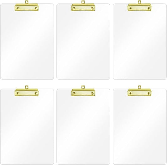 Honagu Acrylic Clear Clipboards, Transparent Plastic Clipboard with Gold Strong Clip Hidden Hanging Hole, A4 Letter Size Clipboards for Nurses, Art Student, Teachers,School & Office Supplies, 6PC
