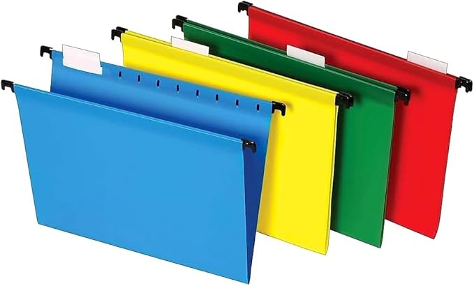Staples Hanging File Folders, Letter Size, Assorted Colors, Water‑Resistant, 5‑Tab, Includes Tabs & Inserts – 20/Pack