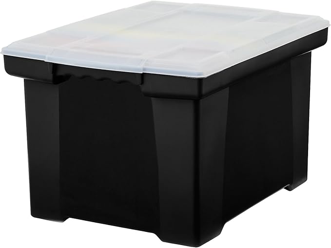 Storex Plastic File Tote Storage Box with Snap-On Lid, Letter/Legal Size, Black/Silver (61528U01C)
