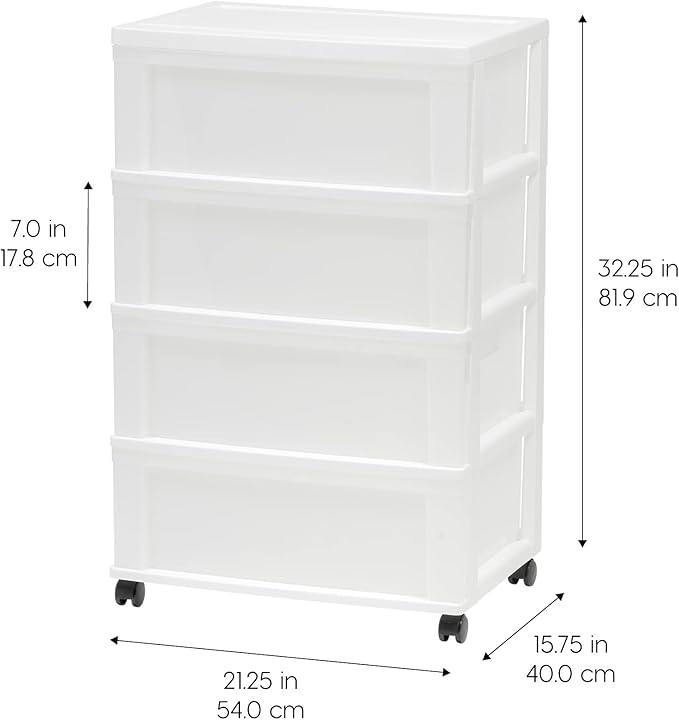 IRIS USA Plastic Drawer Storage Organizer Rolling Cart, with Wheels Casters, 4-Drawers, for Art Craft Supplies Bathroom Dorm Bedroom Laundry Room, Wide, White/Pearl