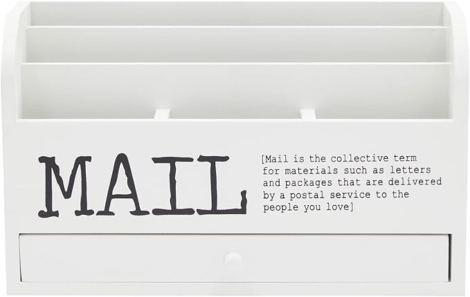 Juvale Wooden 3-Tier Countertop Mail Organizer - Desktop Organizer with Drawer for Paper & Supplies - Wall-Mount Mail Holder for Envelopes & Letters - White, 11 x 7 x 4 in