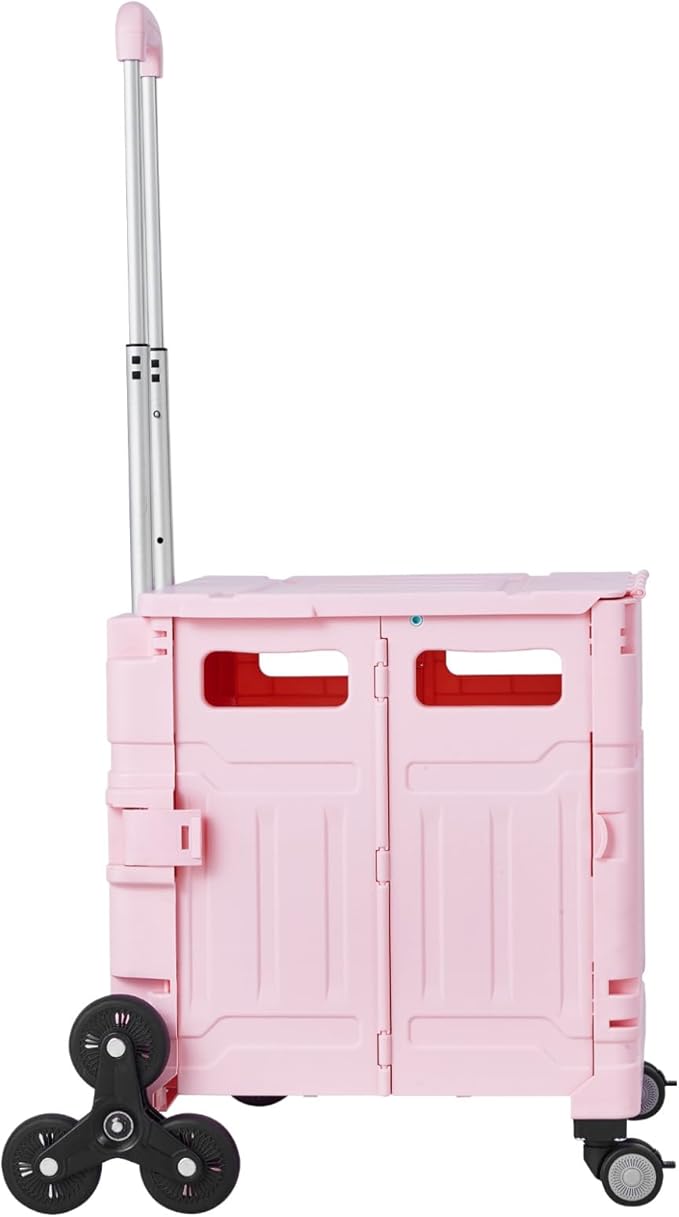 VEVOR Foldable Utility Cart, 65L Collapsible Portable Crate Rolling Cart with Stair Climbing Wheels & 360° Swivel Wheels, Hand Cart with Telescoping Handle for Shopping Office Moving Teacher, Pink