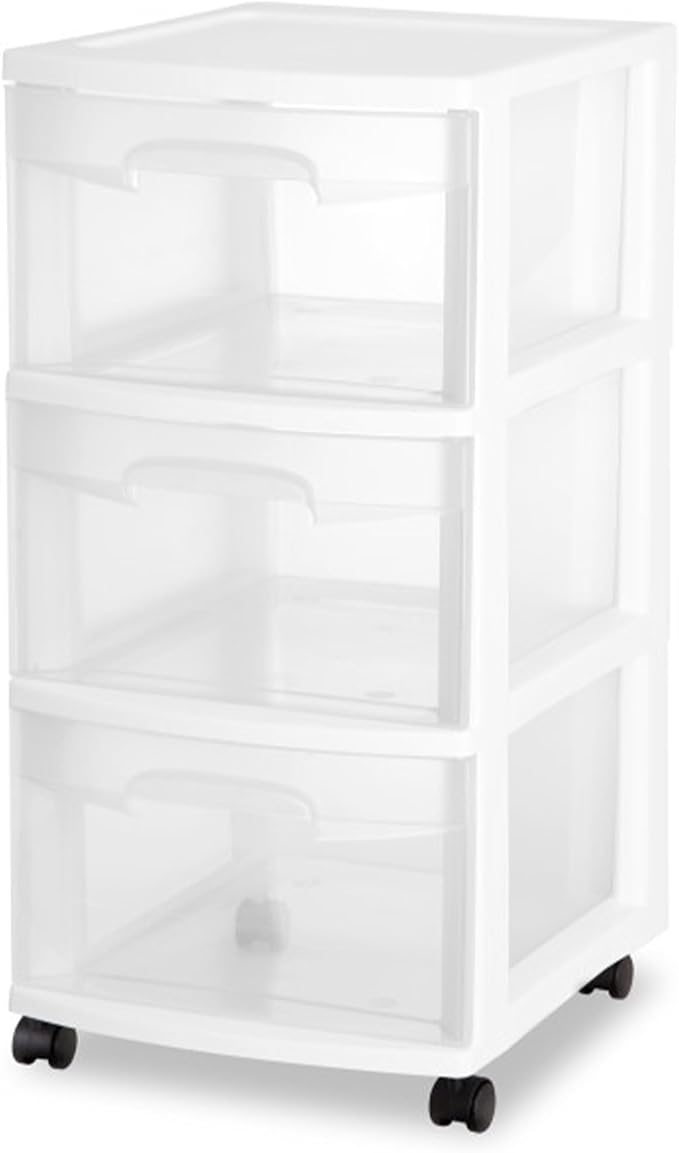 Sterilite 8 Pack Plastic Storage Organizer, 3 Drawer Rolling Bin Cart, Closet Organization, White
