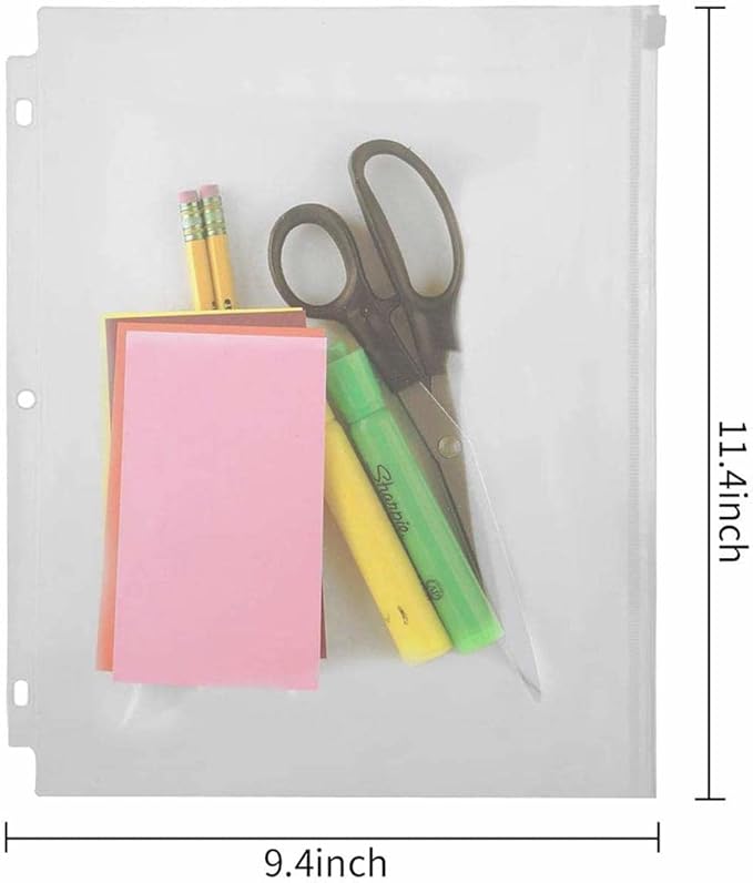 YoeeJob 3 Holes Clear PVC Zipper Binder Pocket Insert Pages Letter Size, 8 1/2" x 11 Loose Leaf Binder Filing Storage Bags 50 Per Pack