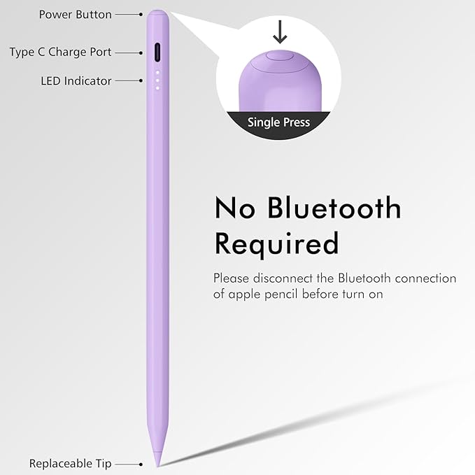 Stylus Pen for iPad, 13 mins Fast Charge for Apple iPad Pencil with Palm Rejection, Compatible with 2018-2024 iPad Air 3/4/5/6, iPad mini 5/6, iPad 6/7/8/9/10, iPad Pro 11"/12.9"/13" (Purple)