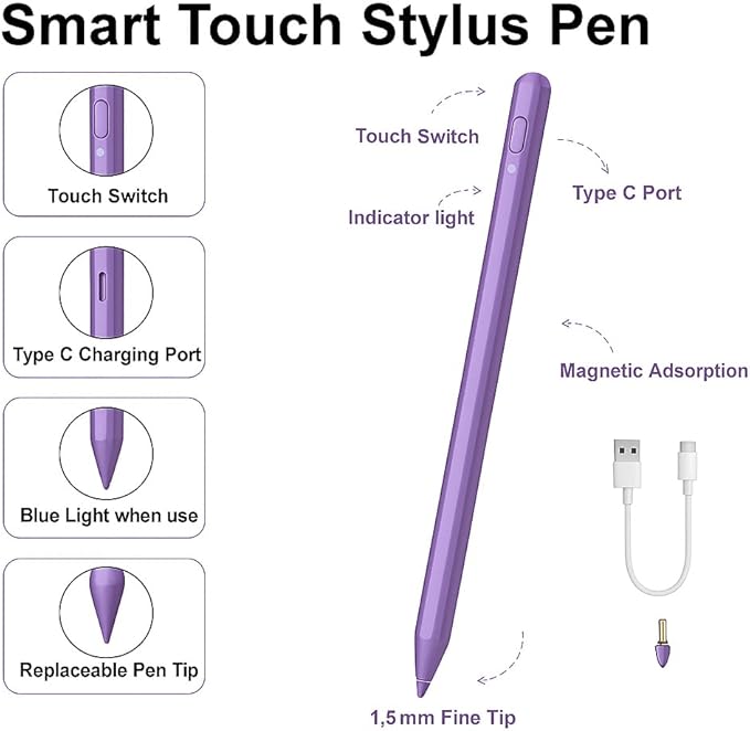Pencil for iPad 11th/10th,2018-2025 Fast Charge Stylus Pen Palm Rejection Tilt Sensitivity Apple Pencil for iPad A16/11/10/9/8/7/6th,Pro 12.9"/11"/13" M5/M4,Air M3/M2/5/4,Mini A17/6th/5th-Purple
