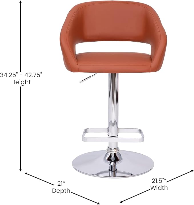 Flash Furniture Erik Comfortable & Stylish Contemporary Barstool with Rounded Mid-Back and Foot Rest, Adjustable Height - Cognac Vinyl with Chrome Base