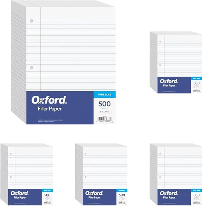 Oxford Filler Paper, 8 x 10-1/2 Inch Wide Ruled, 3 Hole Punch, Loose Leaf Notebook Paper for 3 Ring Binders (62330), white (Pack of 2500)