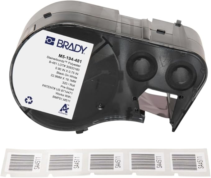 Brady Authentic (M5-194-481) StainerBondz™ Microscope Slide Matte Polyester Labels 0.75" H x 0.9" W Black on White, 320 Labels. for use with The BMP51 and M511 Label Printers