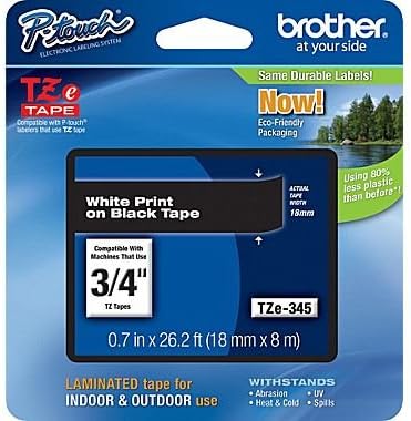 Brother TZe-345 18mm (0.75 ), Length of 8M, White on Black Label Tape