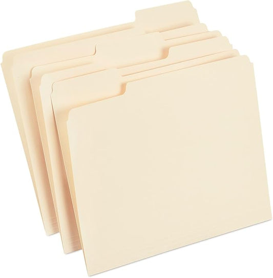 Staples File Folders, Letter Size, 1/3‑Cut Tabs, Assorted Positions, Manila, Durable Paper Stock, 100/Pack