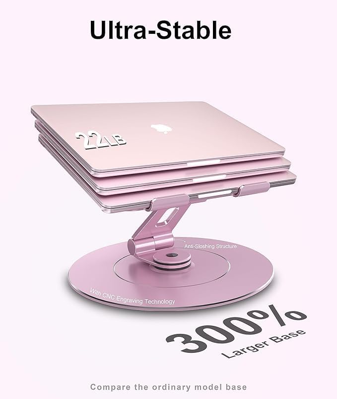 Ultra-Stable Aluminumy Laptop Stand for Desk with Foldable Phone Holder, Stylish Computer Stand for Women, Men Office, Fits Laptops, Pink