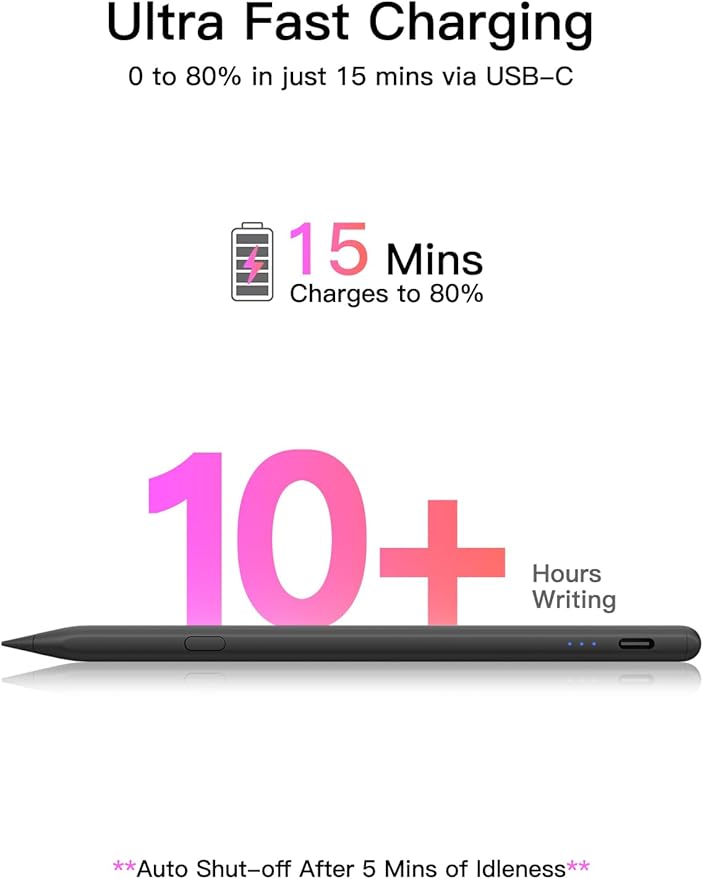 Stylus Pen for ipad 2018-2025, USB-C Fast Charging Pencil, Pixel-Perfect Tilt Sensitivity for iPad 11/10/9/8/7/6/A16, iPad mini 7/6/5, iPad Air M3/2 11"/13"/5/4/3, iPad Pro M5/4 13"/12.9″/11″ Black