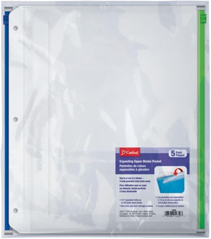 Cardinal Plastic Zippered Binder Pockets, 3-Hole Punched, Fits Full Letter Size 8-1/2" x 11" Sheets, Clear with Multicolor Zippers, 5 Count (14650) (Pack of 8)