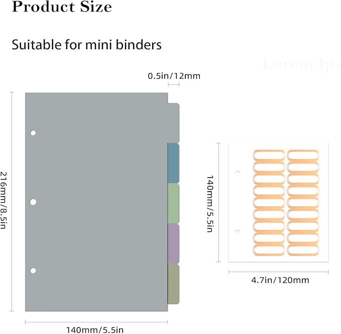 Ospelelf Mini Binder Dividers with Tabs，Durable Paper Dividers for 3 Ring Mini Small Binder，5 Tab(5.5" * 8.5")