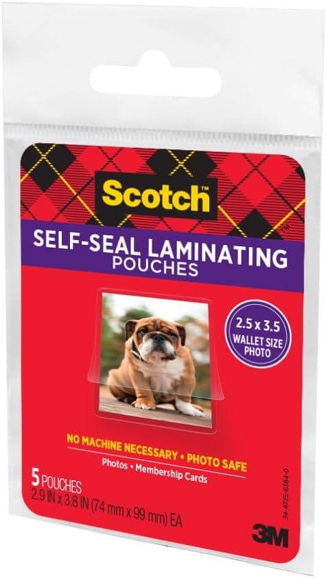 Scotch Self-Sealing Laminating Pouches, Gloss Finish, Wallet Size 2.5″ x 3.5″, 6 Packs of 5 (30 Total) – No Laminator Needed, Photo-Safe Clear Protective Sheets