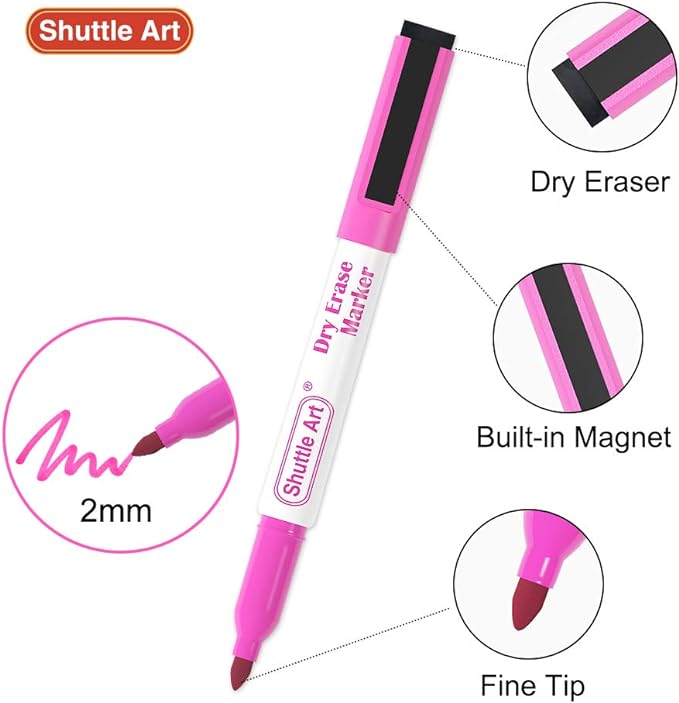 Shuttle Art Dry Erase Markers, 15 Colors Magnetic Whiteboard Markers with Erase,Fine Point Perfect For Writing on Whiteboards, Dry-Erase Boards,Mirrors for School Office Home
