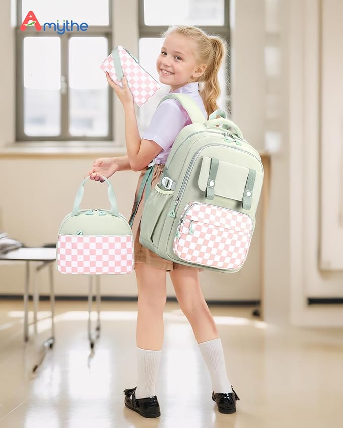 Girls Backpack with Lunch Box 3Pcs, Waterproof School Bag Set for Teen Elementary Middle School, Multi-Pocket Laptop Bookbag Lightweight, Green