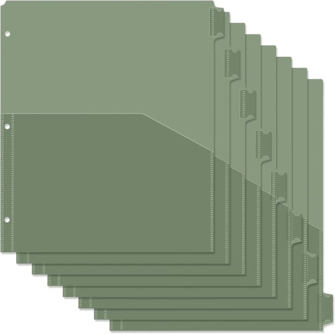 Koqye Binder Dividers with Pockets - 8 Plastic Dividers for 3 Ring Binders - A4 Bividers with Tabs for Planners (Dark Green - 1 Pack)