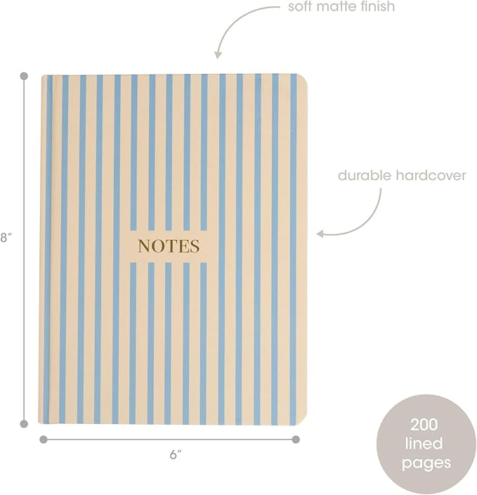 Pearhead Hardcover Journal Notebook 6x8 – Cream & Blue Stripe College-Ruled Writing Journal, 200 Lined Pages for Work, School & Journaling