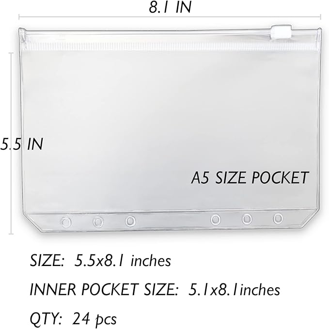 Tutata 24PCS A5 Binder Pockets, A5 Budget Envelopes with Zipper, Waterproof, 6-Ring Notebook Binder, Document Filing Bags