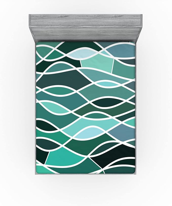 Ambesonne Seafoam Fitted Sheet, Stained Glass Pattern with Wavy Lines and Mosaic Abstract Geometric Composition, Bed Cover with All-Round Elastic Deep Pocket for Comfort, Full Size, Multicolor