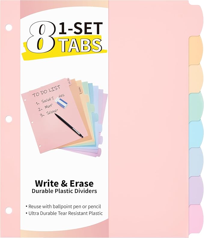 JARLINK 8 Tabs Dividers for 3 Ring Binder, Durable Plastic Write & Erase Binder Dividers for Letter Size, Cute Binder Dividers for Student, Teacher, Office, Home Organizers, Pastel Color (1 Set)