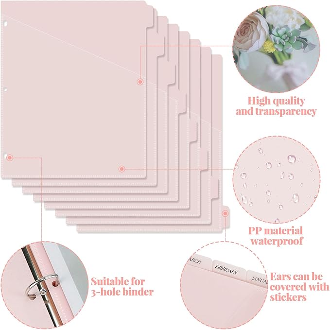 Koqye Binder Dividers with Pockets - 8 Plastic Dividers for 3 Ring Binders - A4 Bividers with Pocket & Tabs for Planners (Pink - 8 Tabs)
