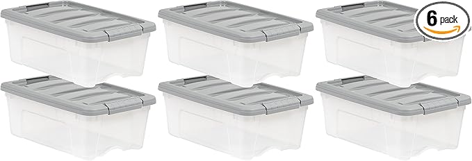 Amazon Basics Plastic Storage Containers with Secure Latching Lids, Stackable Organization Bins for Organizing, Clear/Grey, 12 Quart, Set of 6