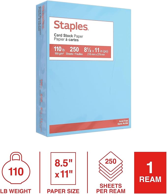 Staples Cardstock Paper 110 lbs 8.5-Inch x 11-Inch Blue 250/Pack, For Office, School & Home
