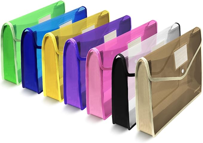 7 Pack B4 Plastic File Folders Waterproof Transparent Expandable File Folder - Purple&Pink&Yellow&Green&White&Blue&Black