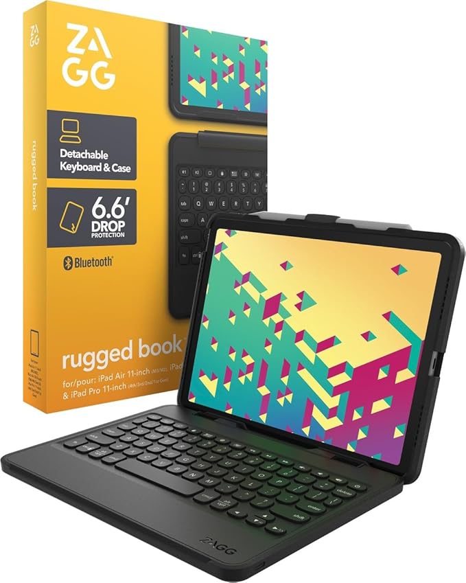 ZAGG Rugged Book Detachable Case and Magnetic-Hinged Keyboard for iPad Air 11" (M5)/ (M4)/ (M3)/ (M2) / iPad 10.9" (air 4th gen)/ 11" (1st & 2nd Gen), Bluetooth Pairing, Backlit Keyboard, Black