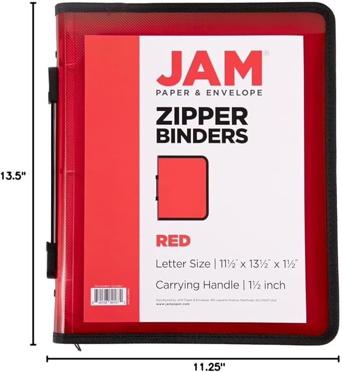 JAM PAPER Plastic Zipper 1.5 inch Binder - Red 3 Ring Binder - Sold Individually
