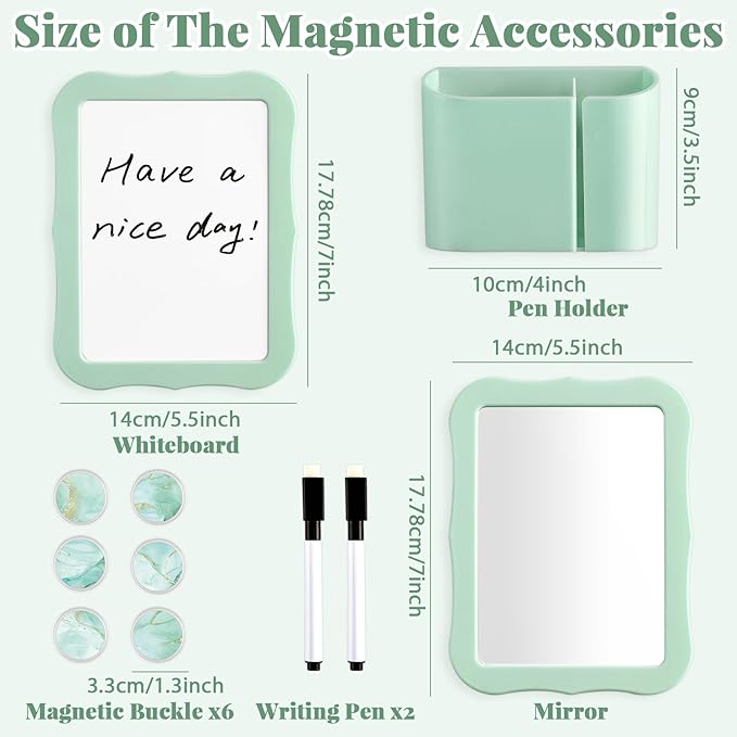 11 Pcs School Lockers Magnetic Decor Green Locker Accessories Kit with Magnetic Mirror Whiteboard Pen Holder Buckles Lockers Organizer Decorations Locker Essentials for Back to School Supplies
