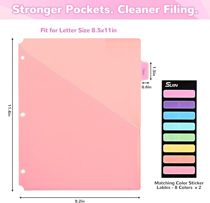 SUIN 8 Tab Binder Dividers with Pockets - Heavy Duty Plastic Dividers for 3 Ring Binder, Letter Size Poly Page Separators with Tabs & Label Stickers, Diamond Texture, 8 Pastel Colors, 1-Pack