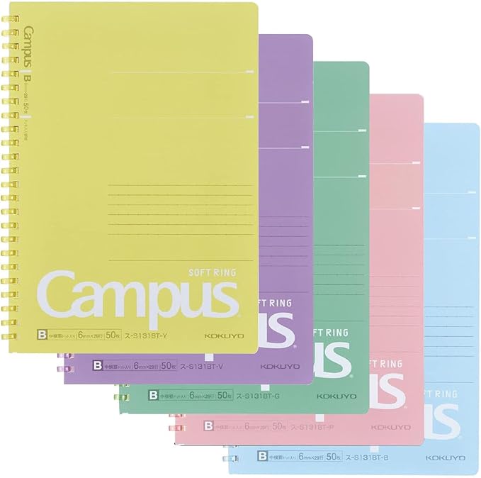 KOKUYO Spiral Lined Notebook, 5 Pack 8.3'' x 5.8'' Pastel Journal A5 Campus Soft Ring Notebooks with Dot 6 mm Ruled, 50 Sheets, 1 Subject Notebook, Note Taking for School. Japan Import (SU-S131BT)