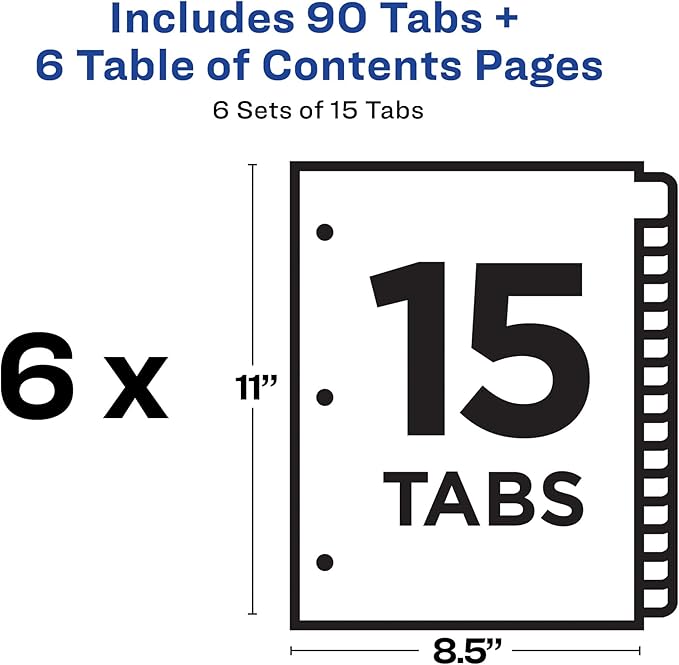Avery 15 Tab Dividers for 3 Ring Binders, Customizable Table of Contents, Multicolor Tabs, 6 Sets (11197)