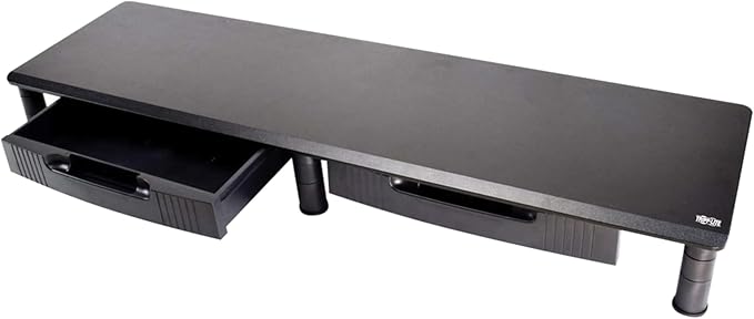 TRIPP LITE Dual-Monitor Riser Stand with Storage Drawers, Black Wood & Steel Desk Organizer for 2 Screens, Adjustable Height | Computer, Laptop, PC, & TV Shelf Stand | 5-Year Warranty (MR4011DTAA)