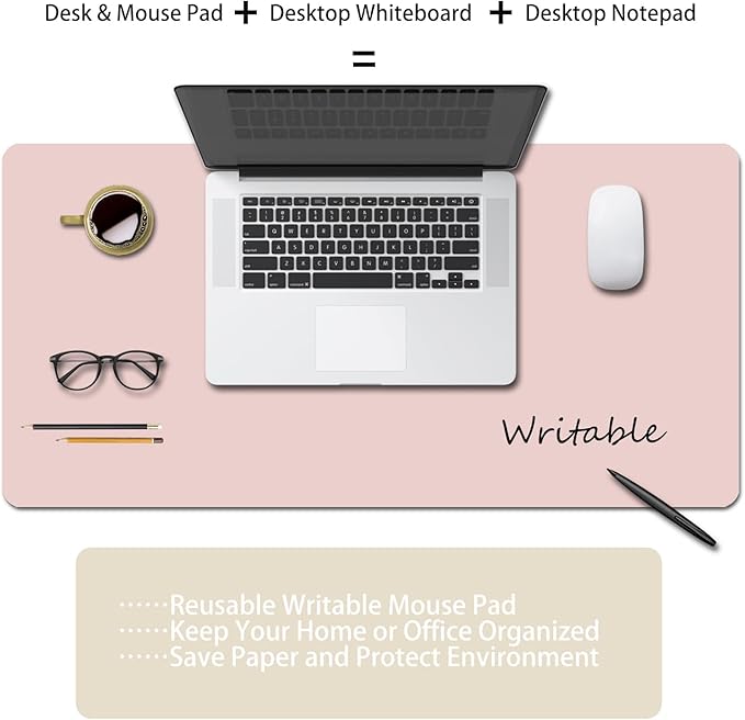 Erasable writable(Frontside) Table mat,Dual Sided Desk Mat, Large Mouse Pad, Notepad, Writing White Board (Includes 7.9"x9.4" Portable Mousepad) (Pink/Light Pink, L:35" x 17"（90 * 43cm）)