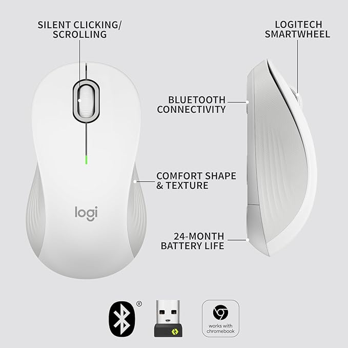 Logitech Signature M550 Wireless Mouse - for Small to Medium Sized Hands, 2-Year Battery, Silent Clicks, Bluetooth, Multi-Device Compatibility - Off White
